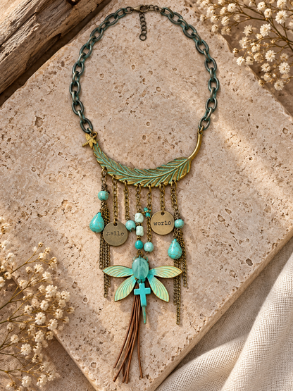 Boho Dragonfly Feather Necklace with Jasper & Antique Brass