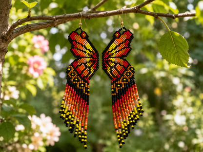 Monarch Wings Beaded Fringe Earrings | Handcrafted 4” Seed Bead Statement Earrings