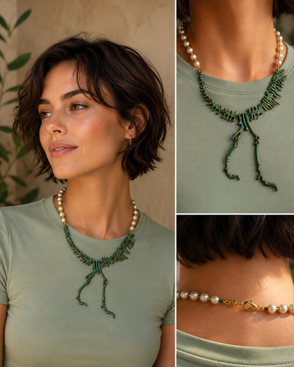 Aurora Borealis Dinosaur Skeleton Necklace – Pearl & Glass Bead Statement Necklace | 18”