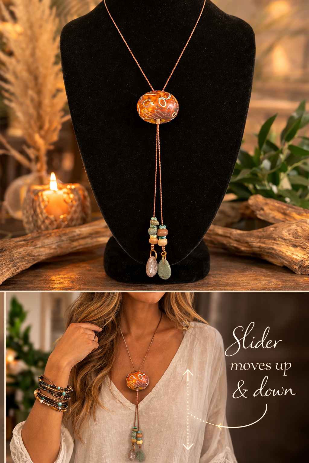 Artisan Lampwork Glass Slider Necklace – Hand Blown Glass Bead with Natural Stone Dangle Accents