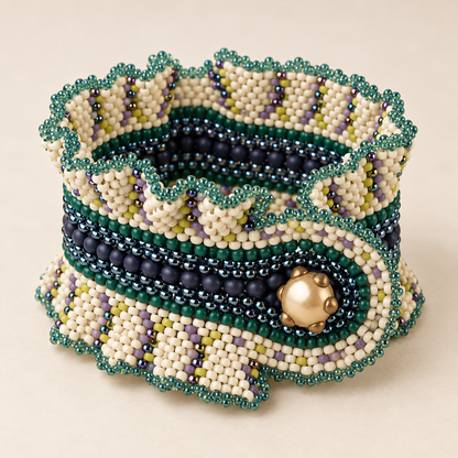 Beaded Ruffle Bracelet with Button Closure, 7.75 Inches