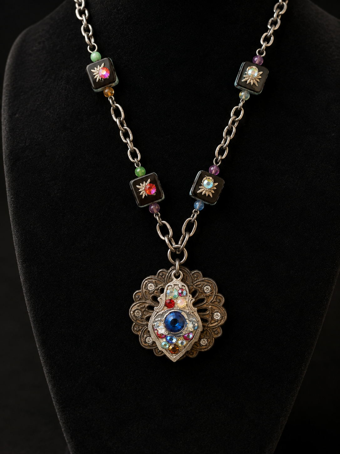 Swarovski Crystal Evil Eye Long Statement Necklace – Antique Bronze Mixed Metal Jewelry