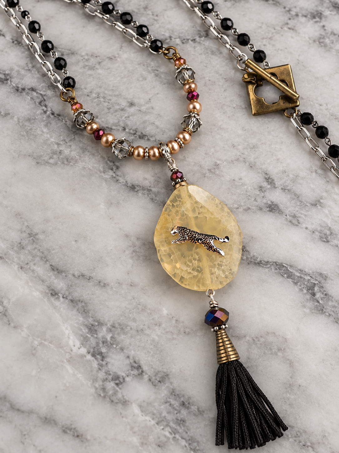Golden Stone Leopard Pendant Necklace with Swarovski Pearls & Black Tassel