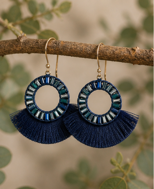 Midnight Tides Fringe Earrings – Navy Crystal Halo Statement Hoops