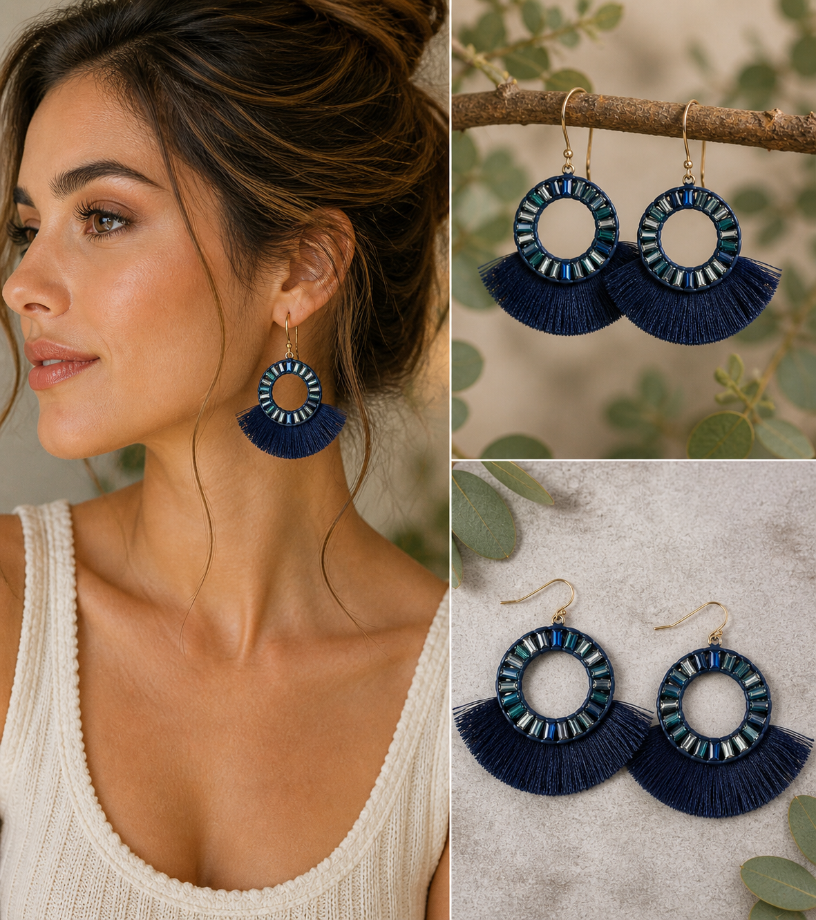 Midnight Tides Fringe Earrings – Navy Crystal Halo Statement Hoops