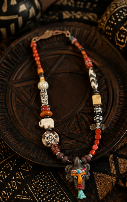 Tribal Rhythm Goddess Necklace – African Bead Statement Necklace with Double-Sided Clay Face Pendant