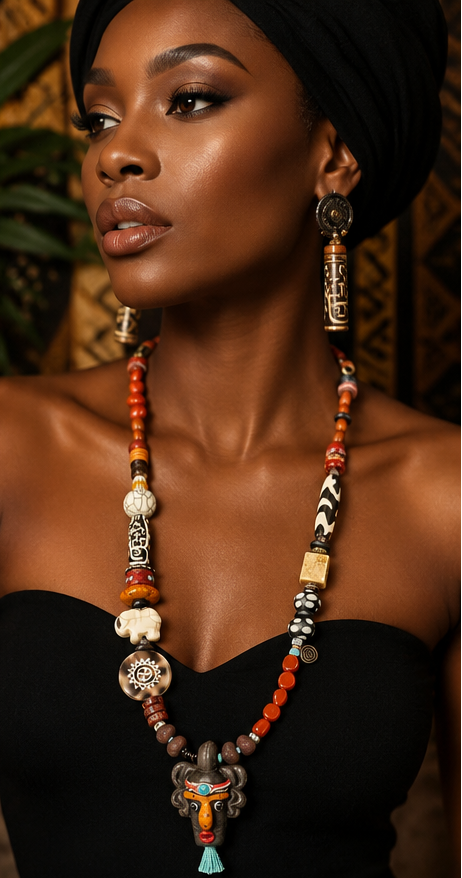 Tribal Rhythm Goddess Necklace – African Bead Statement Necklace with Double-Sided Clay Face Pendant