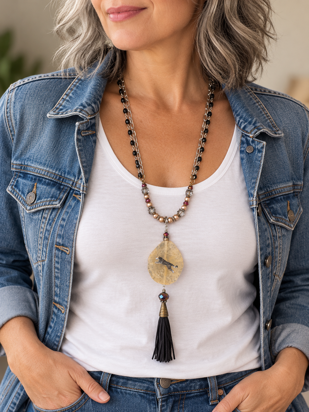 Golden Stone Leopard Pendant Necklace with Swarovski Pearls & Black Tassel