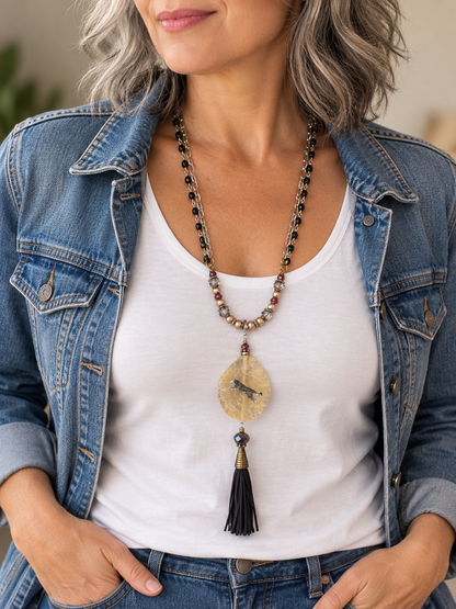 Golden Stone Leopard Pendant Necklace with Swarovski Pearls & Black Tassel