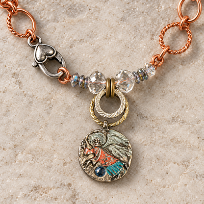 Handpainted Guardian Angel Copper Necklace with Swarovski Crystals – 16 Inch