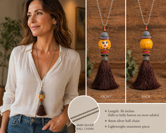 Boho Poppy Doll Tassel Necklace – Blown Glass Face & Hand-Beaded Collar on 4mm Silver Ball Chain
