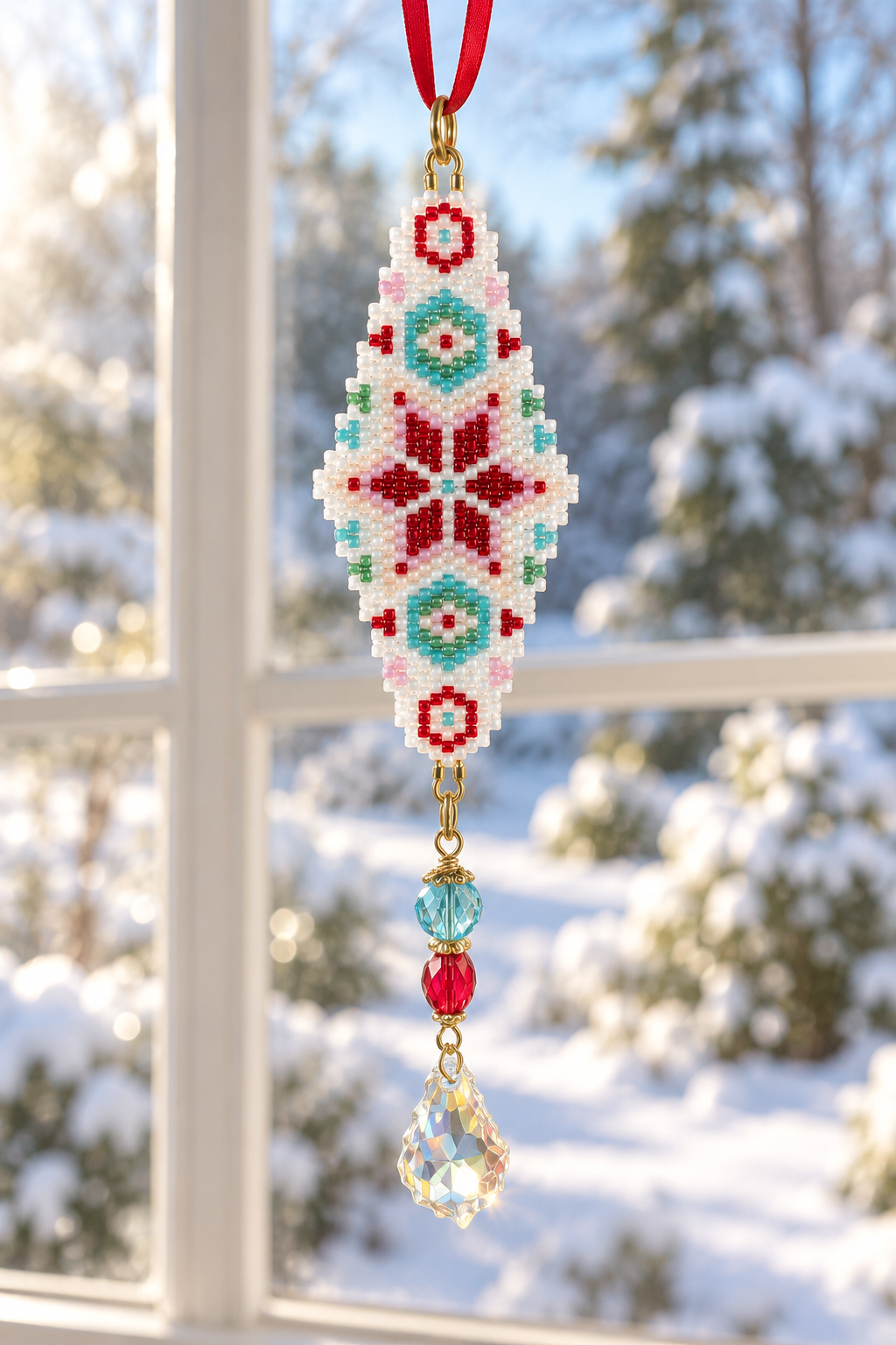 Hand-Beaded Holiday Ornament with Crystal Drop