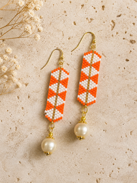 Orange and White Beaded Pearl Drop Earrings | Handmade Seed Bead Dangle Earrings