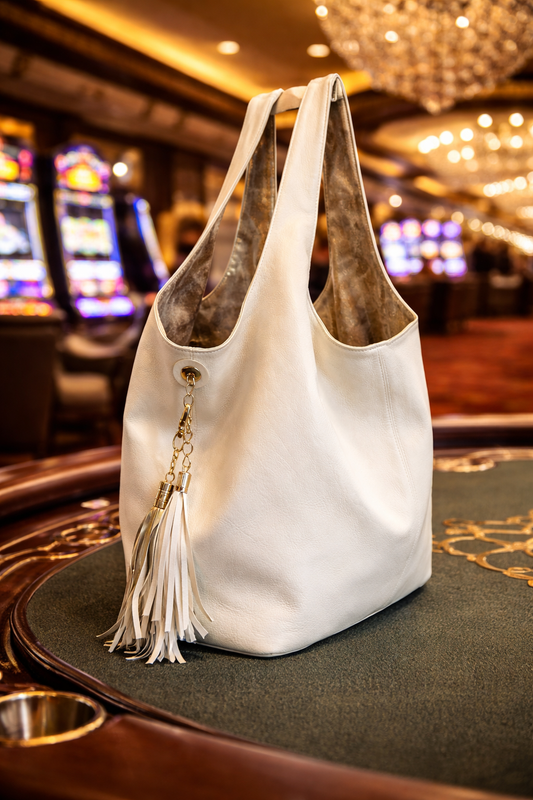 Midnight Jackpot White Hobo Bag – Gold Interior Tassel Tote by New York & Company