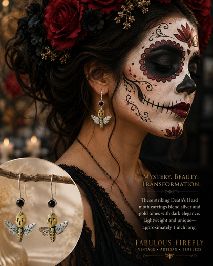 Death’s Head Moth Earrings with Black Cabochons | Fabulous Firefly