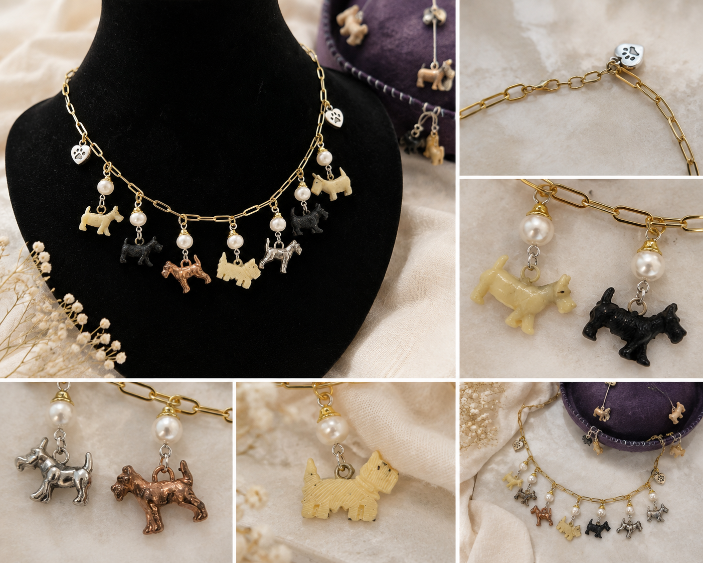Vintage Scottie Dog Charm Necklace | Freshwater Pearls | Adjustable 17–18.5 Inch Gold Paperclip Chain