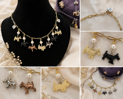 Vintage Scottie Dog Charm Necklace | Freshwater Pearls | Adjustable 17–18.5 Inch Gold Paperclip Chain