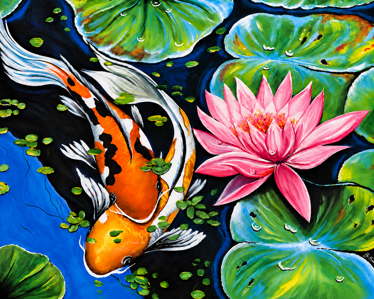 My Koi Fish & Pink Water Lily Art Print 16x20 | Fabulous Firefly