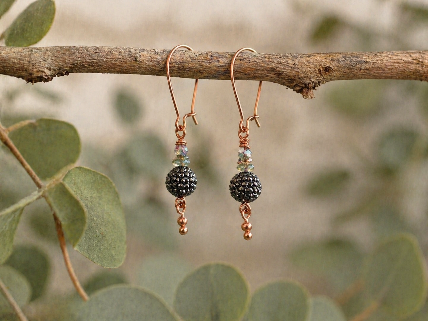 Midnight Spark Copper Drop Earrings – Crystal & Pavé Bead Dangles