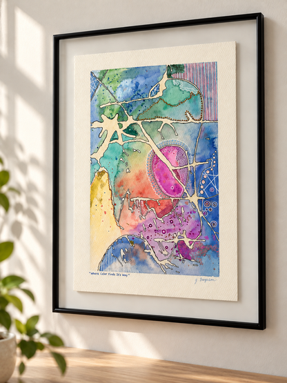 Where Color Finds It's Way - Original Watercolor & Pen Painting, 14" x 19" framed