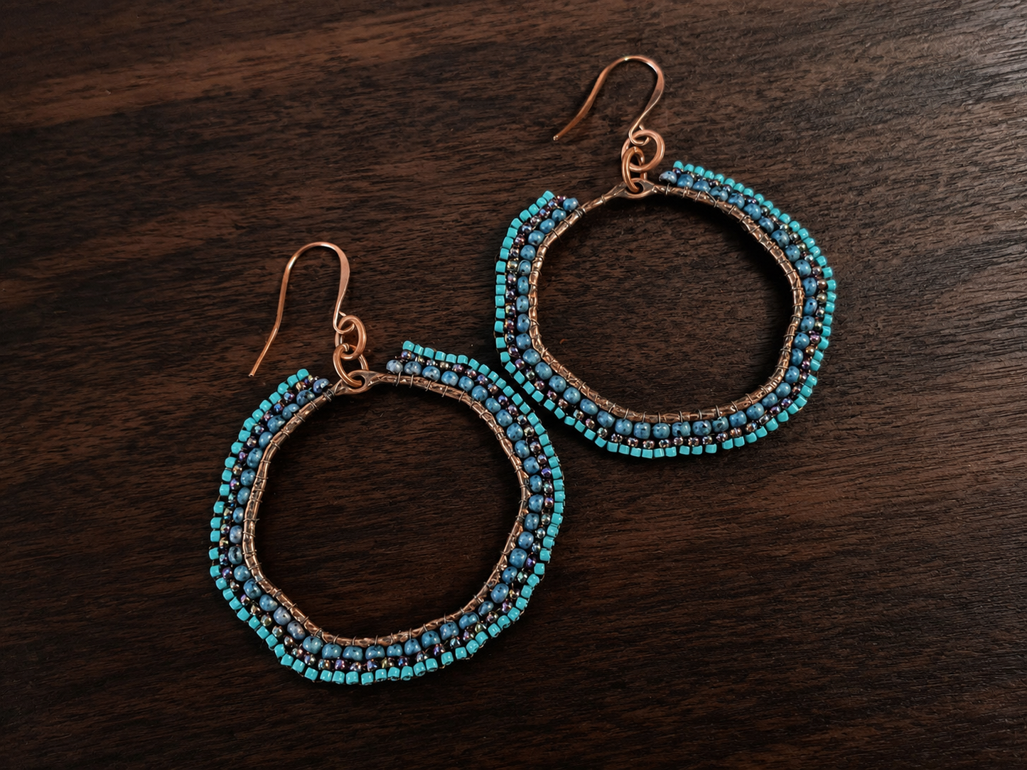 Blue Current Hand-Beaded Copper Hoop Earrings