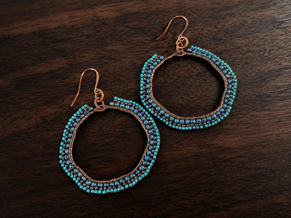Blue Current Hand-Beaded Copper Hoop Earrings