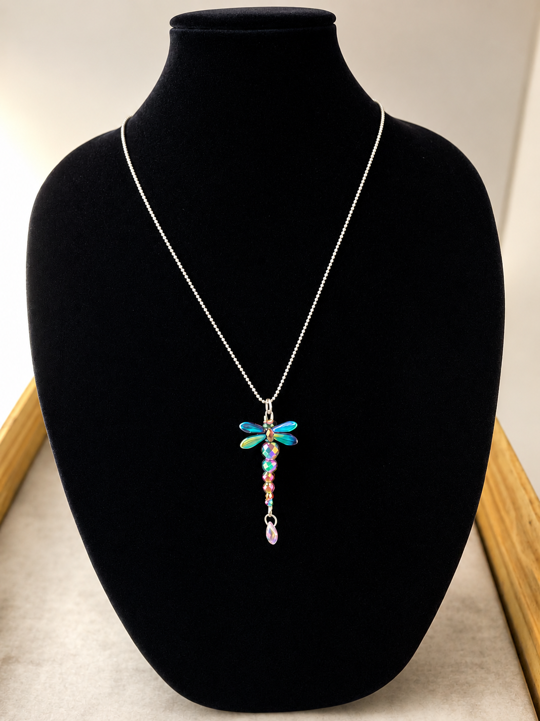 32 Inch Dragonfly Pendant Necklace with Iridescent Crystal Beads and Silver Ball Chain