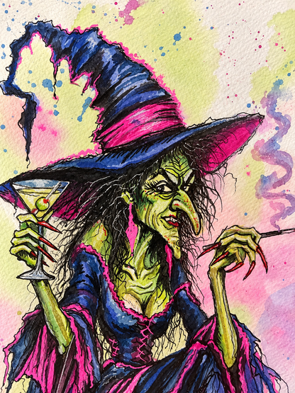 Bad Habits, Good Boots – Original Framed Witch Watercolor Painting