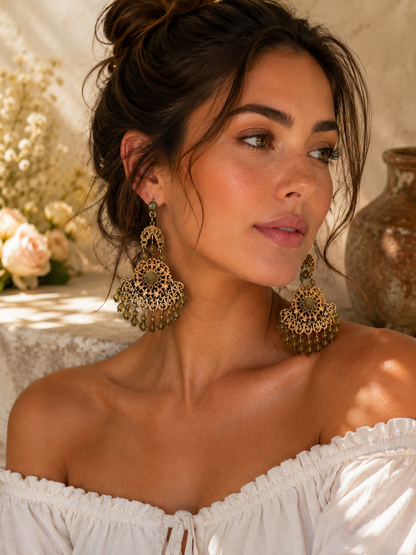 Golden Olive Filigree Crystal Earrings