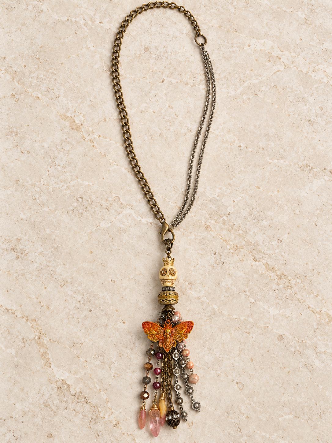 Handmade Skull Moth Jewelry Set with Quartz & Swarovski Crystal