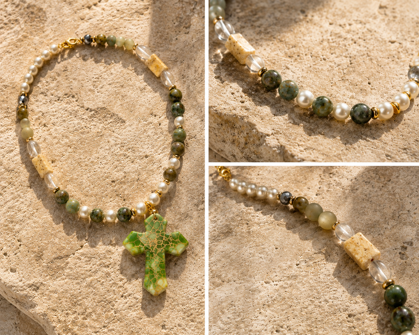 Handmade Green Jasper Cross Necklace | Czech Glass Pearls | Quartz | 18 Inch Artisan Necklace