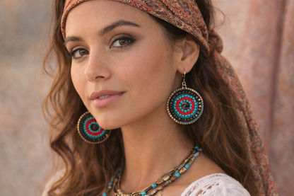 Bohemian Turquoise & Coral Seed Bead Circle Earrings – Artisan Beaded Dangles