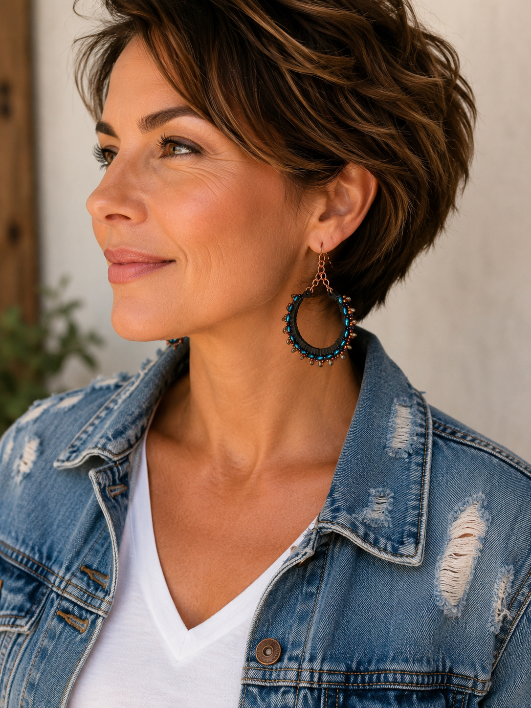 Handmade Peacock Blue Beaded Hoop Earrings | Copper & Matte Black Statement Earrings