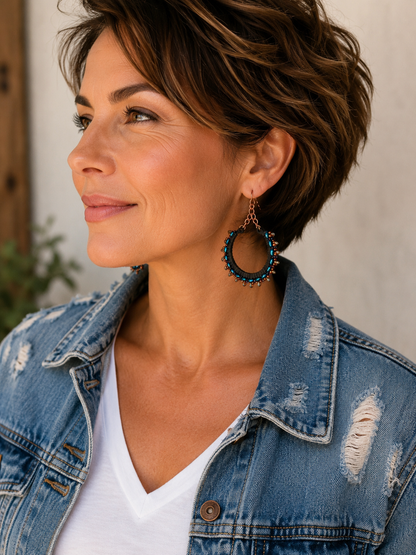 Handmade Peacock Blue Beaded Hoop Earrings | Copper & Matte Black Statement Earrings