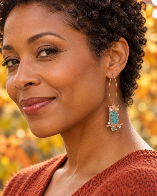 Hand-Painted Owl Earrings with Rhinestones