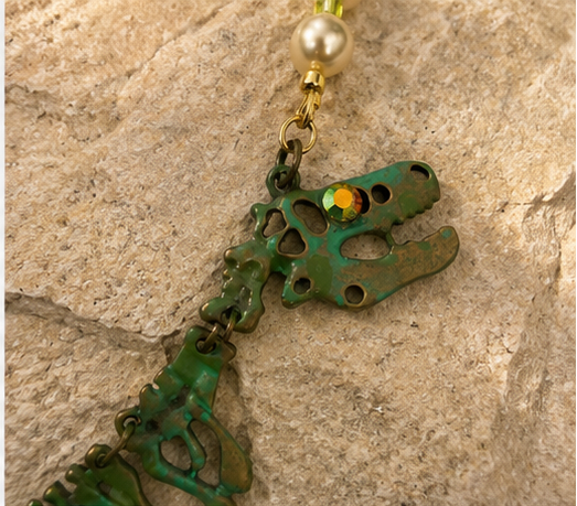 Aurora Borealis Dinosaur Skeleton Necklace – Pearl & Glass Bead Statement Necklace | 18”