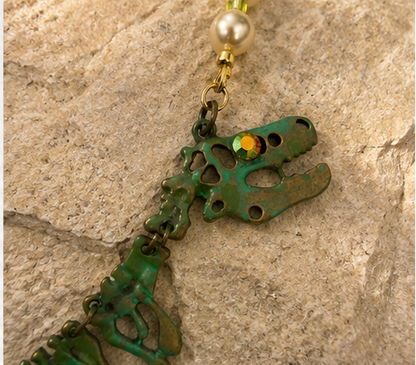 Aurora Borealis Dinosaur Skeleton Necklace – Pearl & Glass Bead Statement Necklace | 18”