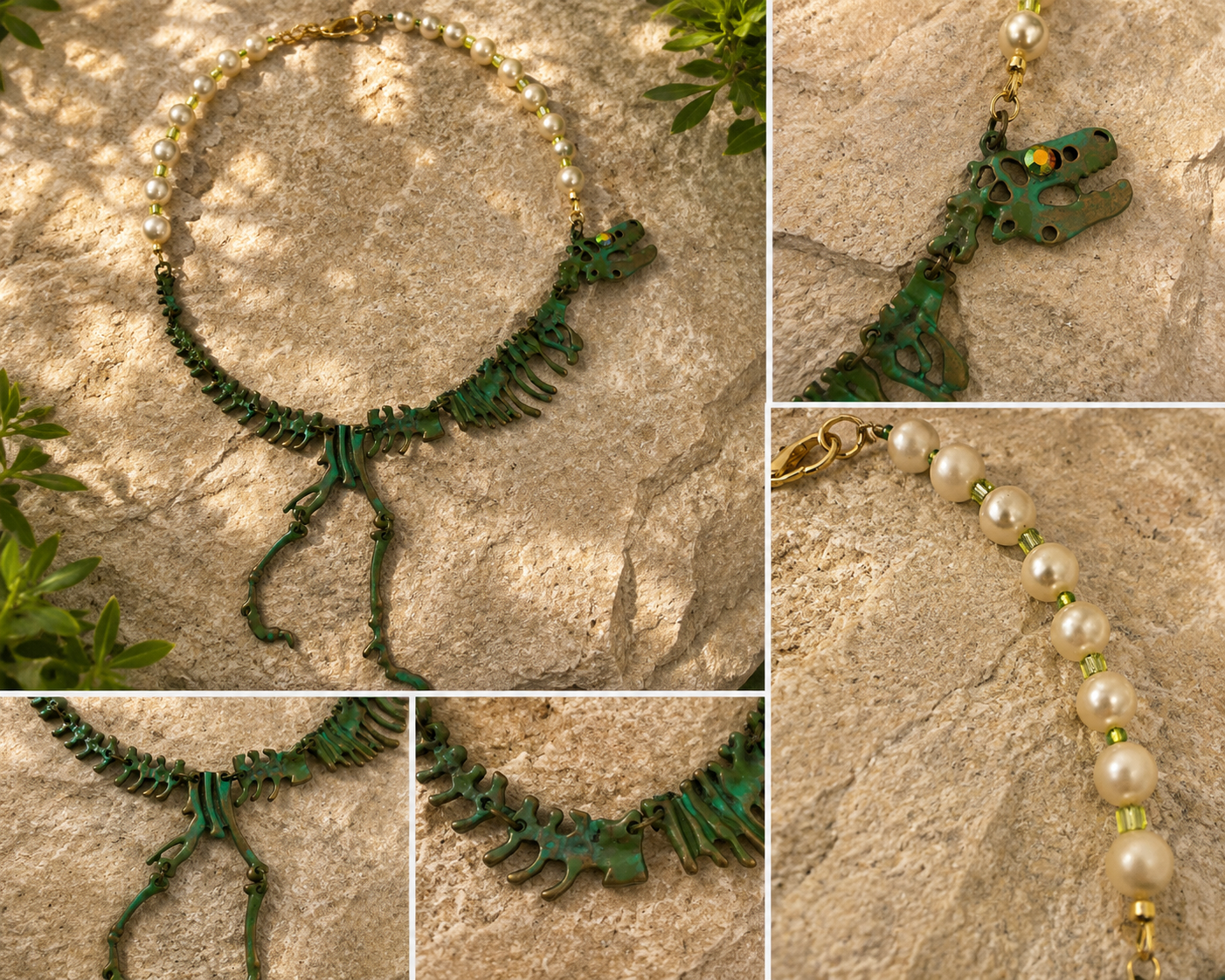 Aurora Borealis Dinosaur Skeleton Necklace – Pearl & Glass Bead Statement Necklace | 18”