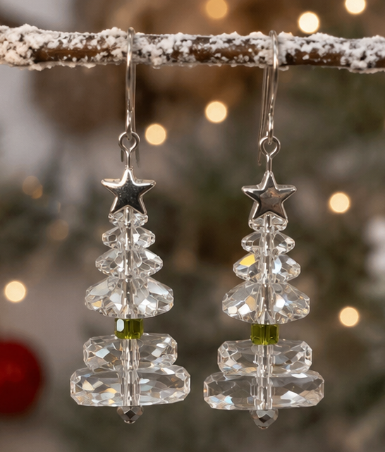 Swarovski Crystal Christmas Tree Earrings with Silver Star Accents
