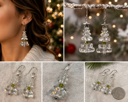 Swarovski Crystal Christmas Tree Earrings with Silver Star Accents