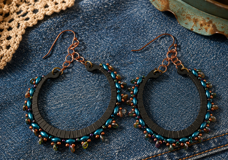Handmade Peacock Blue Beaded Hoop Earrings | Copper & Matte Black Statement Earrings