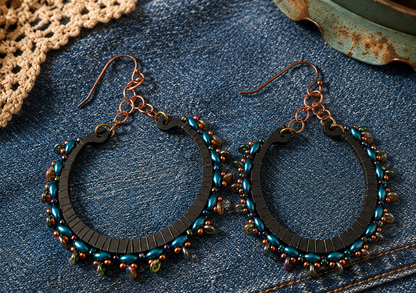 Handmade Peacock Blue Beaded Hoop Earrings | Copper & Matte Black Statement Earrings