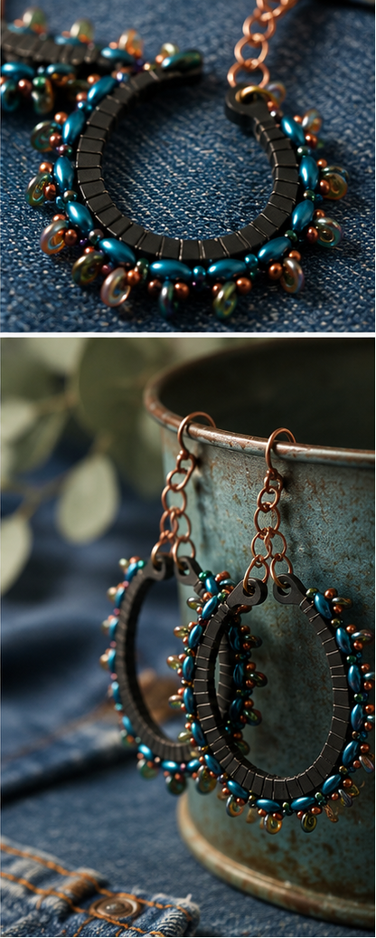 Handmade Peacock Blue Beaded Hoop Earrings | Copper & Matte Black Statement Earrings