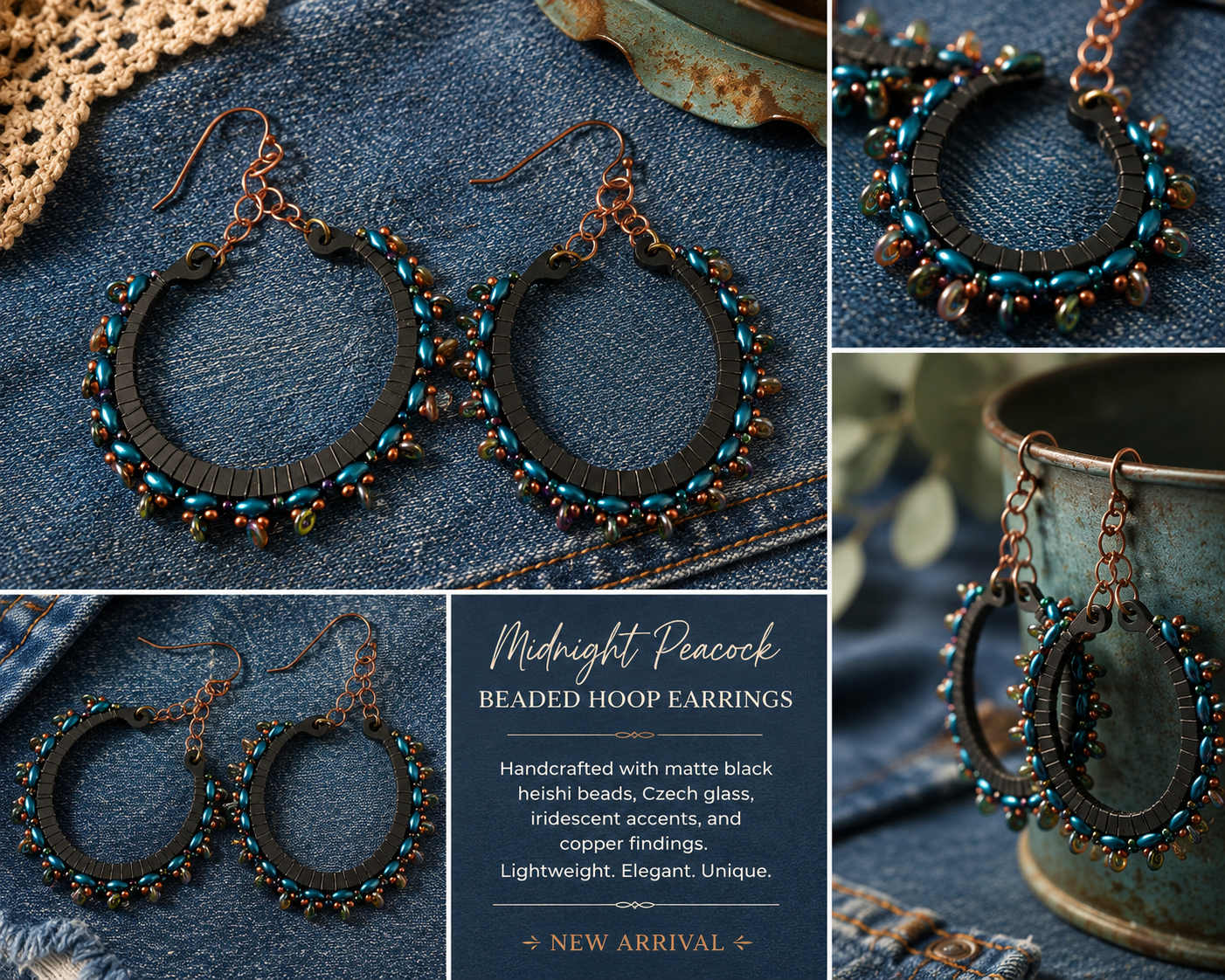 Handmade Peacock Blue Beaded Hoop Earrings | Copper & Matte Black Statement Earrings