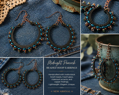 Handmade Peacock Blue Beaded Hoop Earrings | Copper & Matte Black Statement Earrings