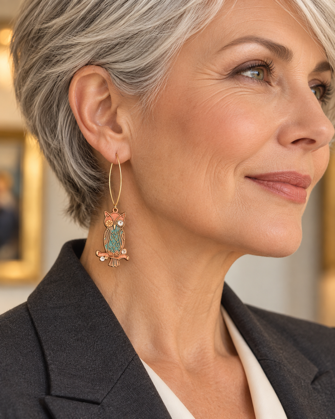 Hand-Painted Owl Earrings with Rhinestones