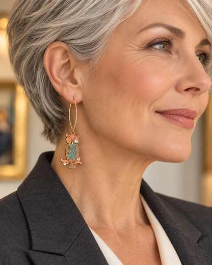 Hand-Painted Owl Earrings with Rhinestones