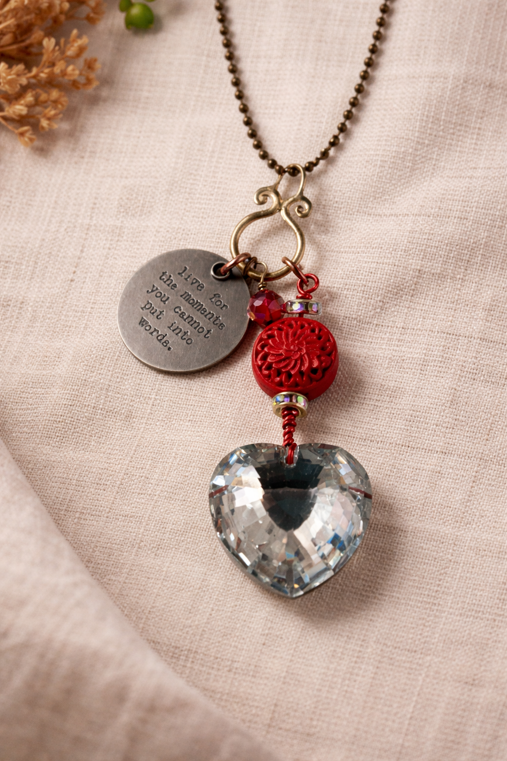 Moments in Words Crystal Heart Necklace – Inspirational Charm Pendant on Long Chain
