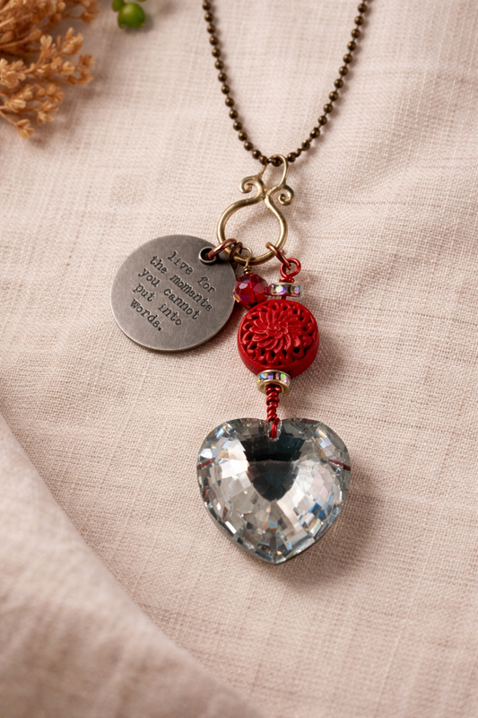 Moments in Words Crystal Heart Necklace – Inspirational Charm Pendant on Long Chain