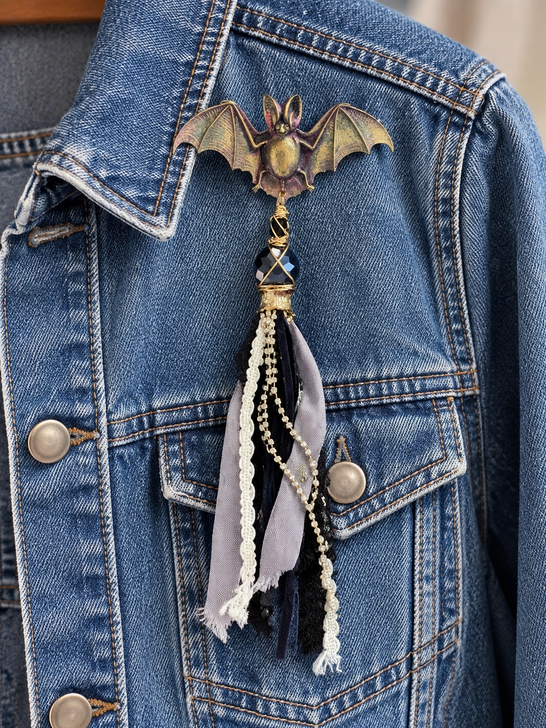 After Dark Bat Pin with Crystal & Fabric Tassel